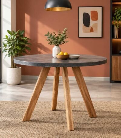 Zenvora 6 seater round dining table with dark textured tabletop and natural wood sculpted legs