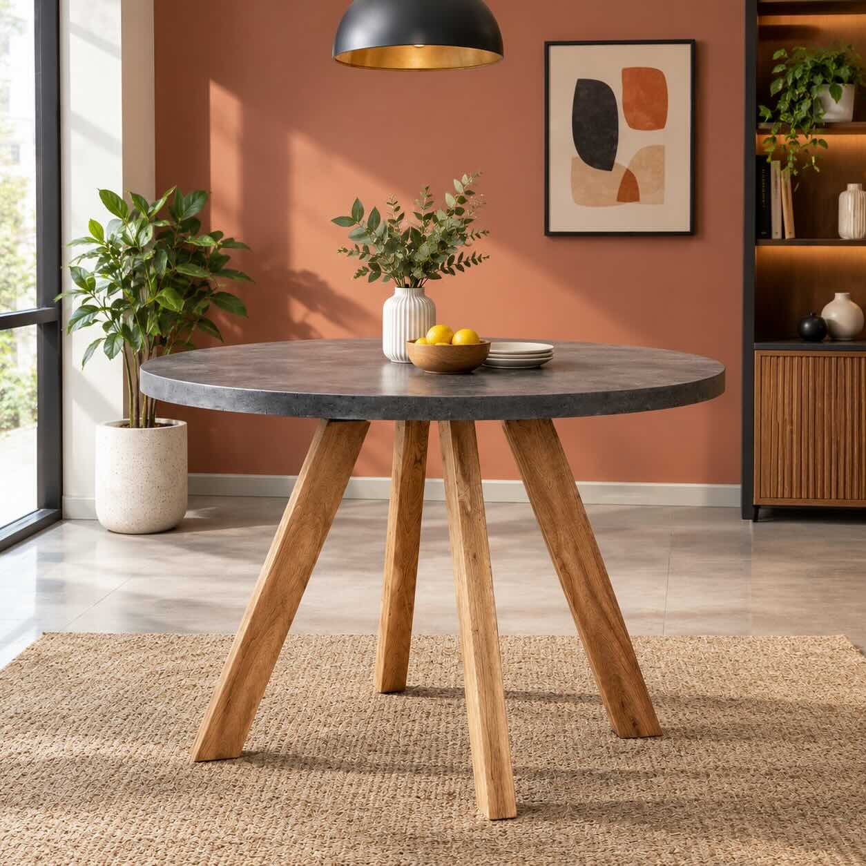 Zenvora 6 Seater Round Dining Table in Natural Finish Zenvora 6 seater round dining table with dark textured tabletop and natural wood sculpted legs