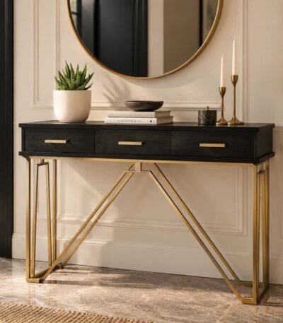 Black and Gold Console Table with three drawers, gold handles and geometric iron legs.