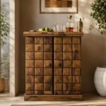 Zorvane Sheesham wood bar cabinet with geometric wooden panel doors and natural finish.