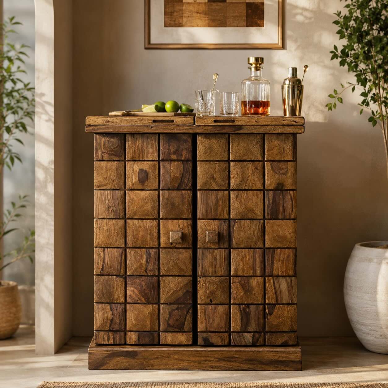 Zorvane Geometric Sheesham Wood Bar Cabinet Zorvane Sheesham wood bar cabinet with geometric wooden panel doors and natural finish.