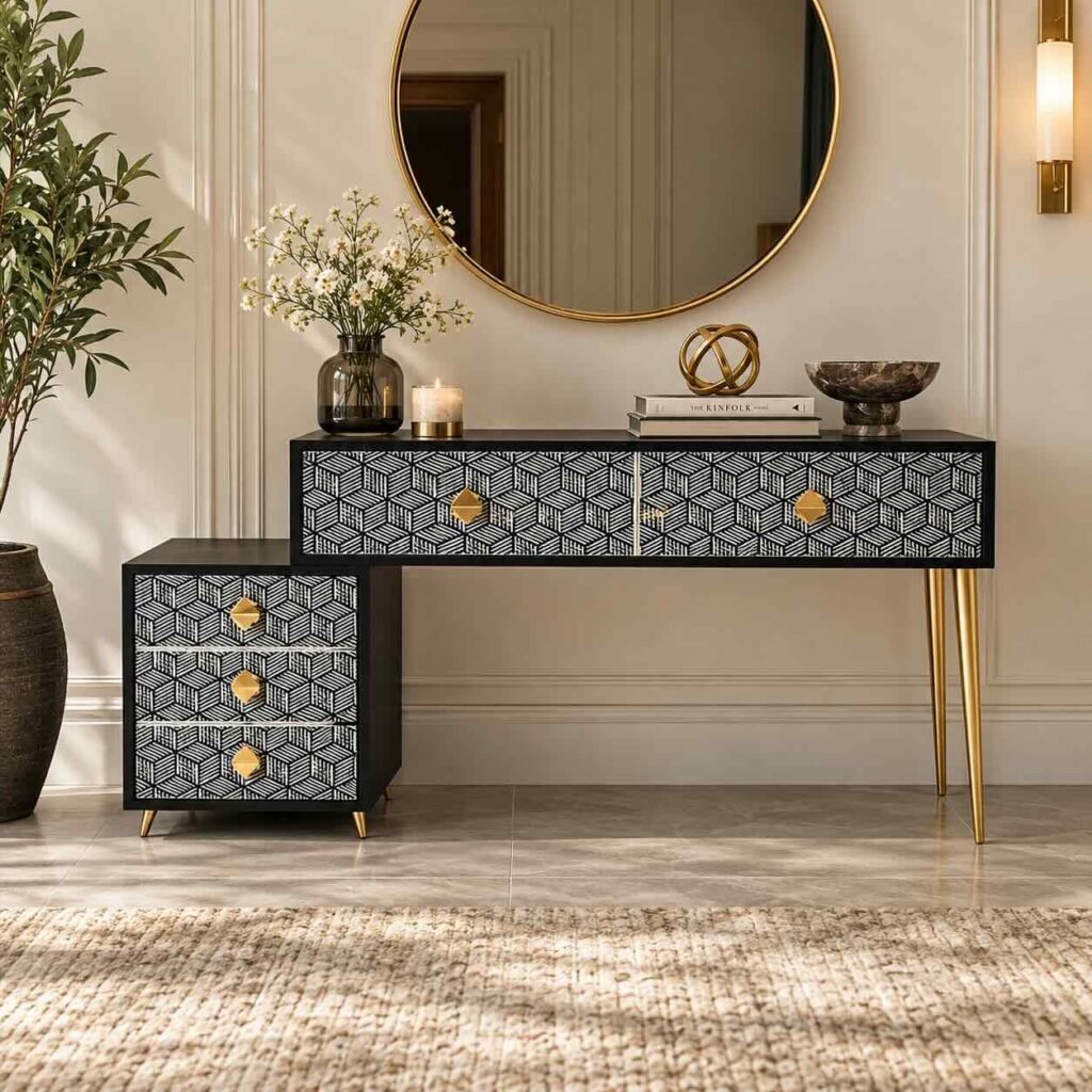 Bone Inlay Vanity Console with black and white geometric drawers, gold-toned knobs and slender gold legs.